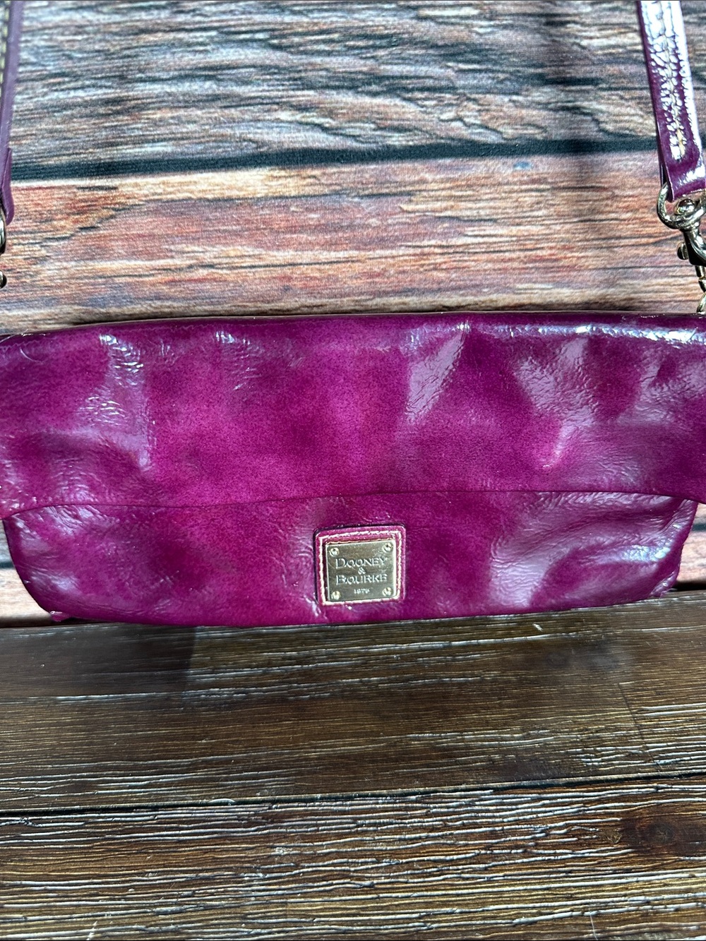 Dooney & Bourke Plum Patent Leather Fold-Over Clutch Shoulder Bag - Picture 2 of 10